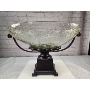 Vintage large Clear Crackle Glass Bowl W/ Stand Beautiful Decor or Centerpiece